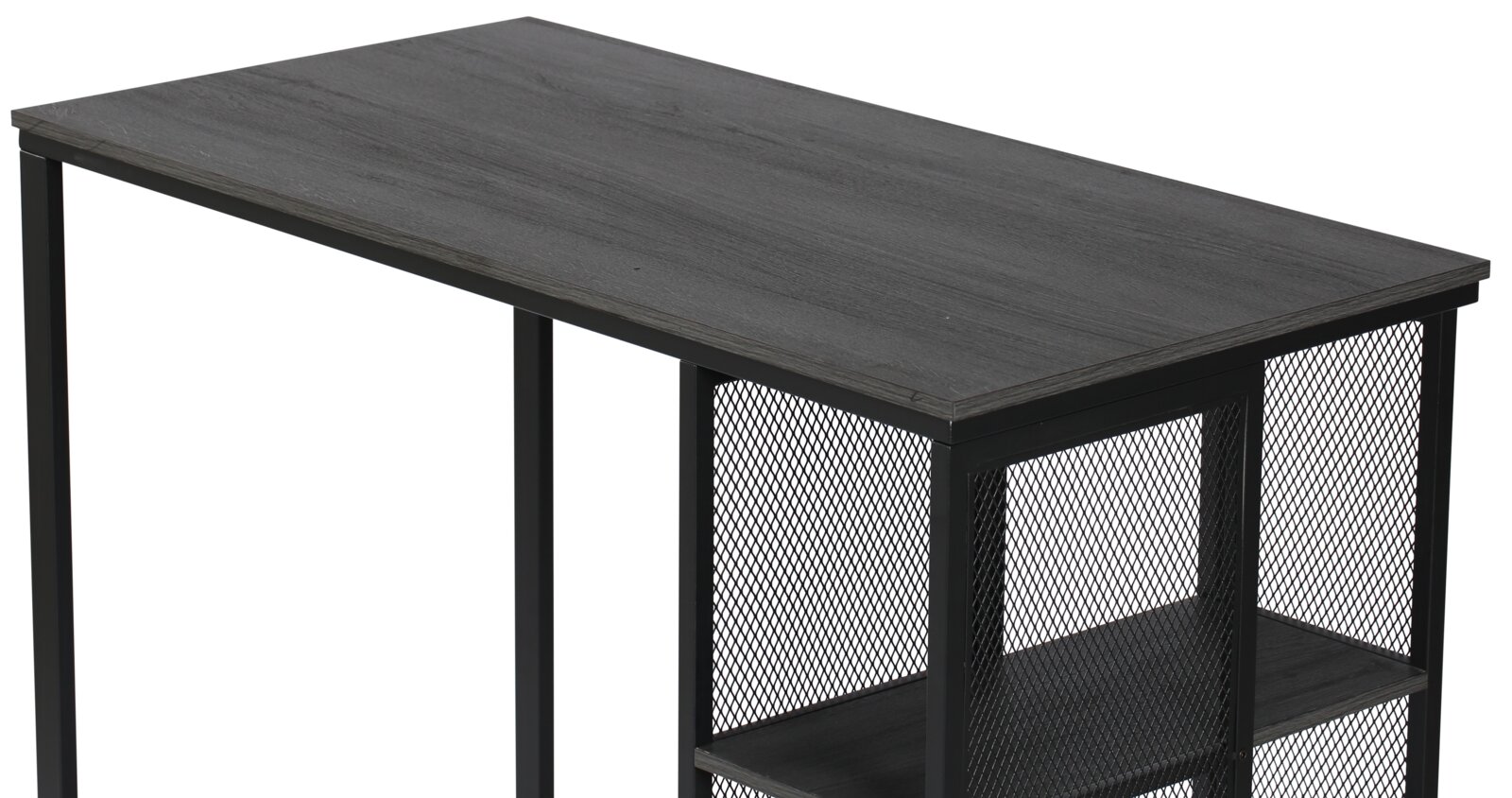Moderner Bartisch mit schwarzer Holzplatte und Metallgitterregalen, seitliche Perspektive