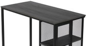 Moderner Bartisch mit schwarzer Holzplatte und Metallgitterregalen, seitliche Perspektive