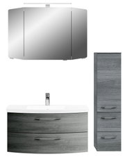 Moderne Badkombination mit Spiegelschrank, Waschbeckenunterschrank und hohem Schrank in grauer Holzoptik, Frontalansicht