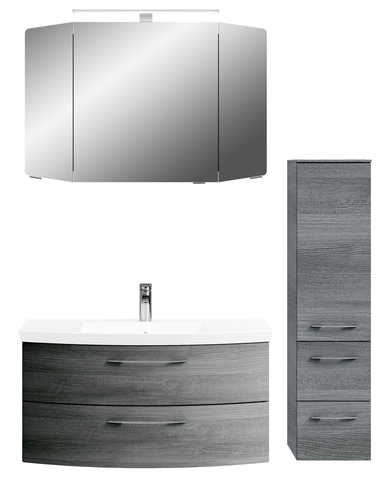 Moderne Badkombination mit Spiegelschrank, Waschbeckenunterschrank und hohem Schrank in grauer Holzoptik, Frontalansicht