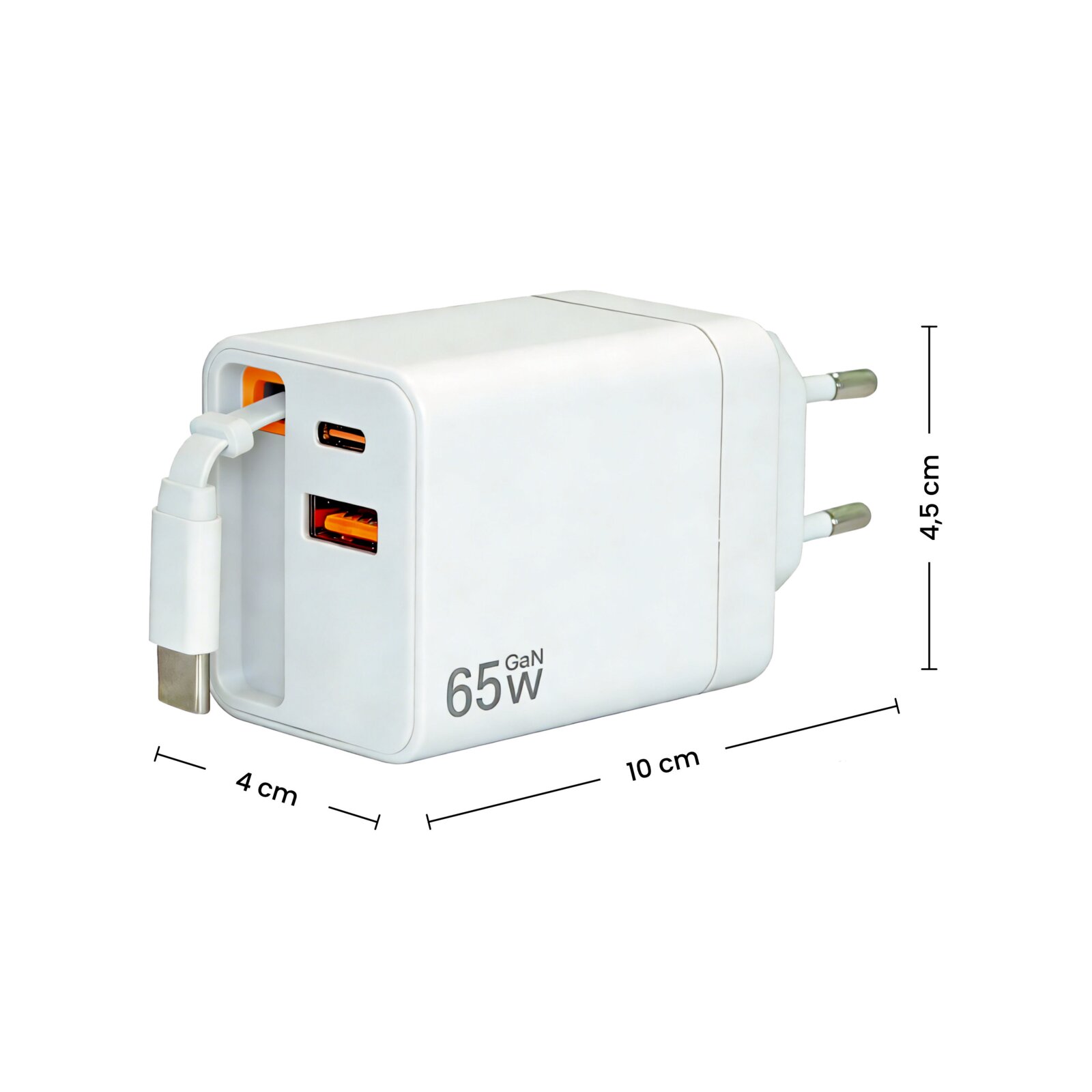 Weißes GaN-USB-Ladegerät mit 65 W, EU-Stecker, einem USB-C- und einem USB-A-Port sowie ausklappbarem Kabel; Ansicht schräg von vorn/seitlich, Maße ca. 10 x 4 x 4,5 cm.