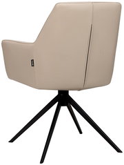 Achterkant van een moderne fauteuil met beige bekleding en een zwart metalen frame.