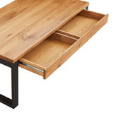 Couchtisch mit Holzoberfläche und schwarzem Metallgestell, Schublade teilweise geöffnet, Perspektive von oben