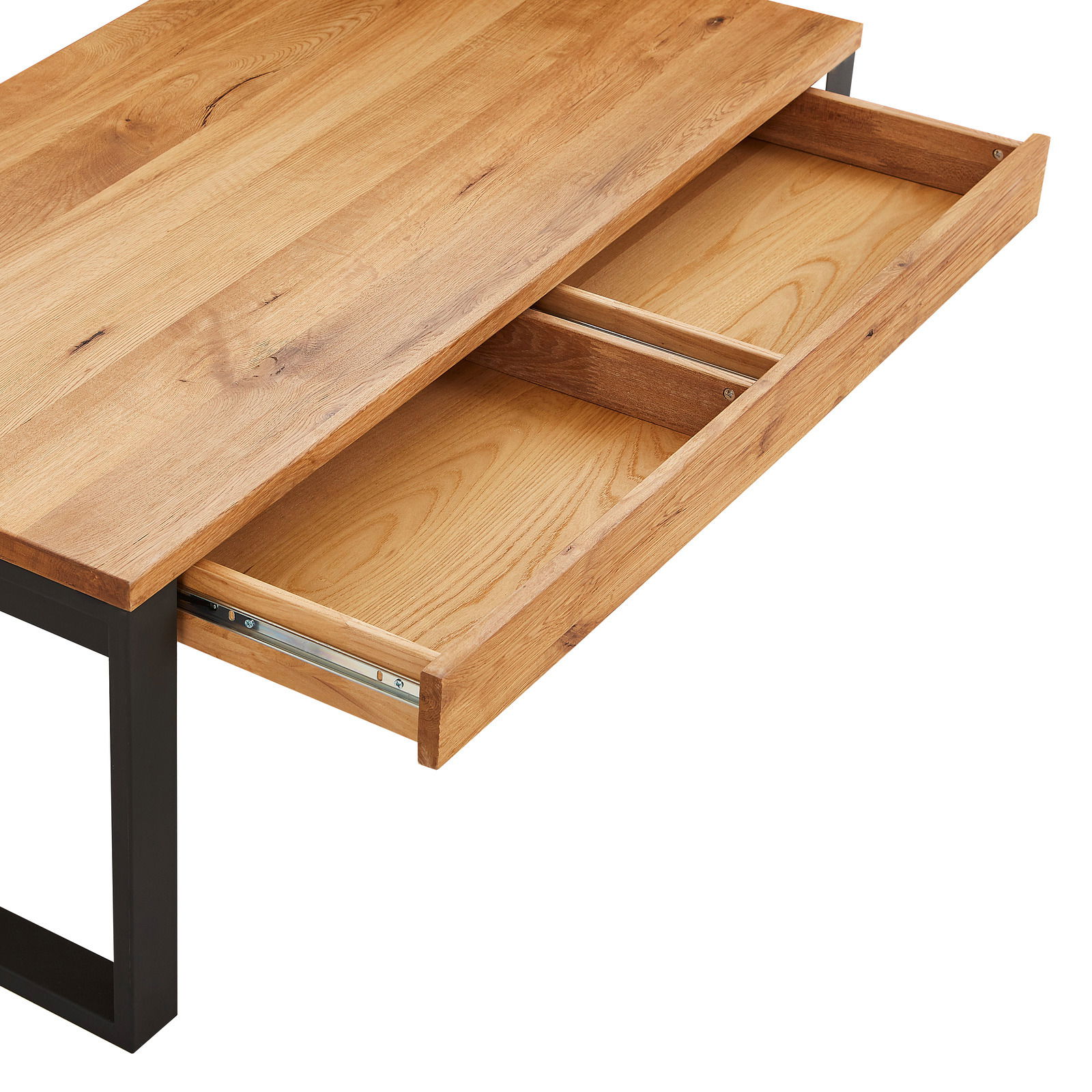 Couchtisch mit Holzoberfläche und schwarzem Metallgestell, Schublade teilweise geöffnet, Perspektive von oben