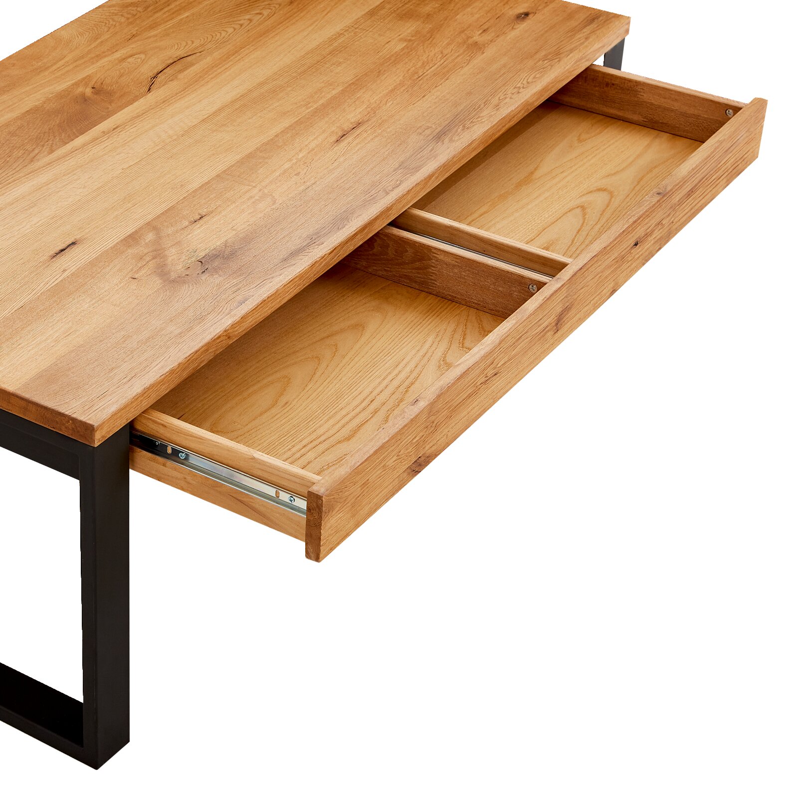Couchtisch mit Holzoberfläche und schwarzem Metallgestell, Schublade teilweise geöffnet, Perspektive von oben