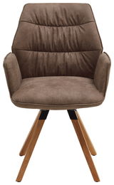 Brauner Sessel mit gepolsterter Rückenlehne und Holzbeinen, Frontalansicht