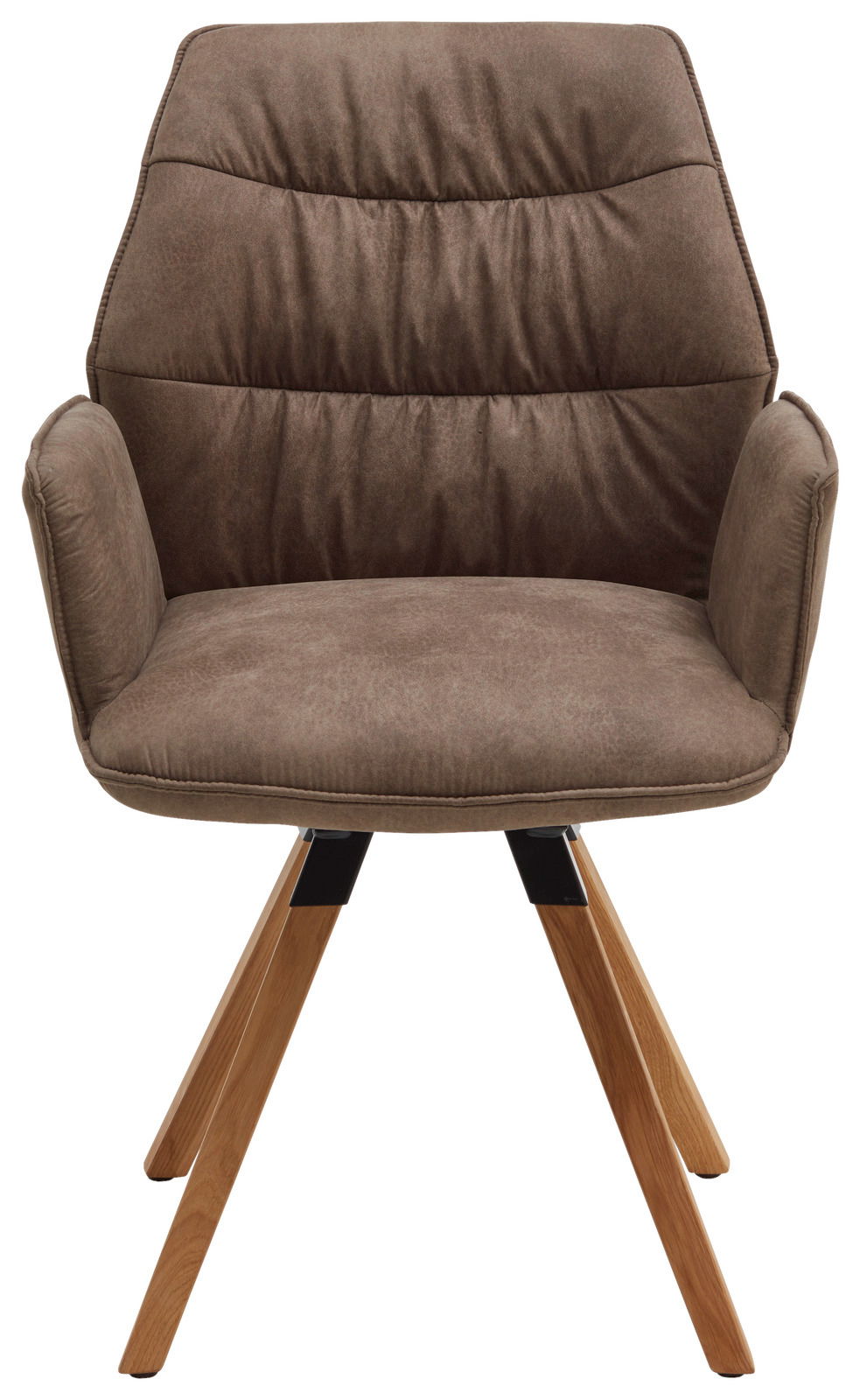 Brauner Sessel mit gepolsterter Rückenlehne und Holzbeinen, Frontalansicht