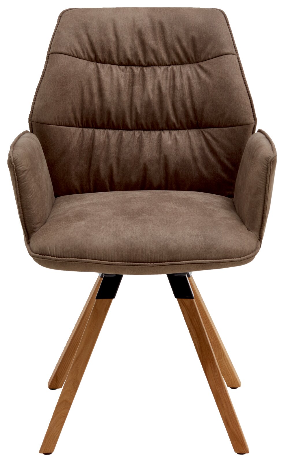 Bruine fauteuil met gestoffeerde rugleuning en houten poten, vooraanzicht