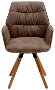 Bruine fauteuil met gestoffeerde rugleuning en houten poten, vooraanzicht