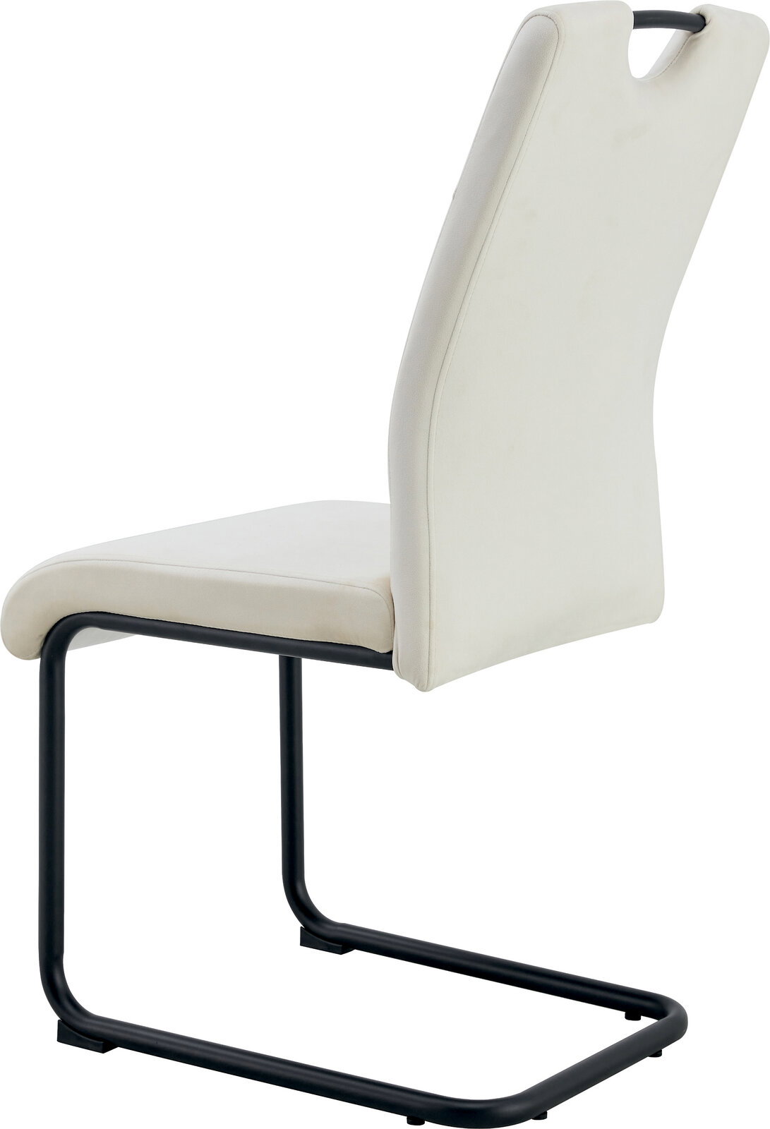 Weißer Polster-Freischwinger-Stuhl mit schwarzem Metallgestell und Grifföffnung in der Rückenlehne, seitliche Rückansicht vor weißem Hintergrund