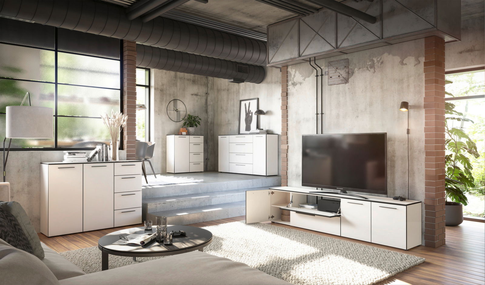 Moderne Wohnzimmermöbel in einem industriellen Loft-Stil mit Sideboard, Kommode und TV-Lowboard in Weiß, seitliche Perspektive