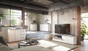 Moderne Wohnzimmermöbel in einem industriellen Loft-Stil mit Sideboard, Kommode und TV-Lowboard in Weiß, seitliche Perspektive