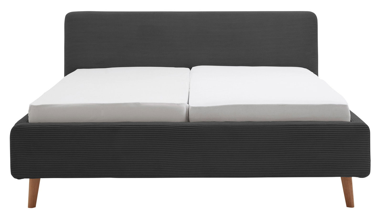 Frontale Ansicht eines modernen Polsterbettgestells mit dunklem Stoffbezug und Holzfüßen, ausgestattet mit zwei weißen Matratzen.