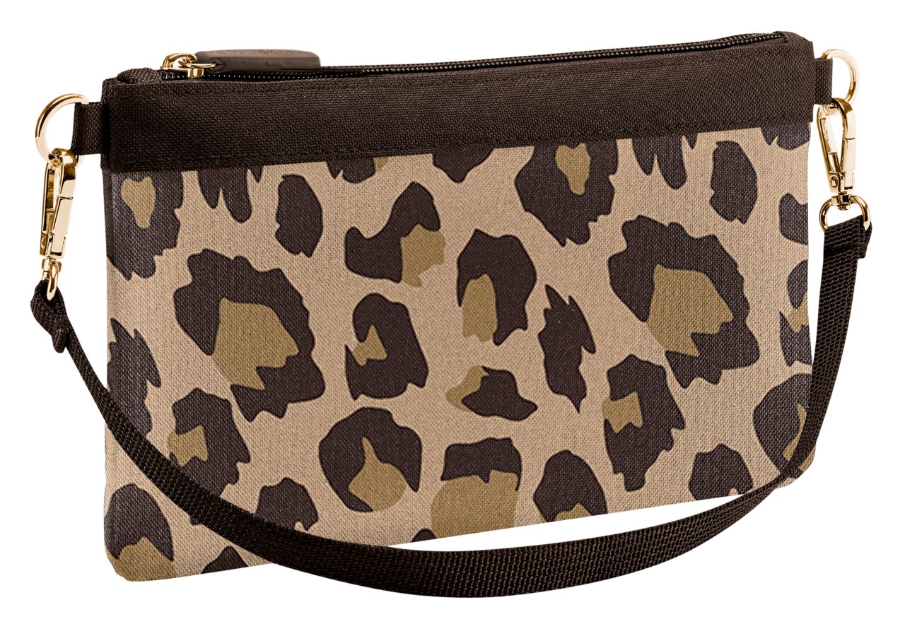 Leopardenmuster Mini-Tasche mit Reißverschluss und abnehmbarem Schulterriemen, seitliche Perspektive