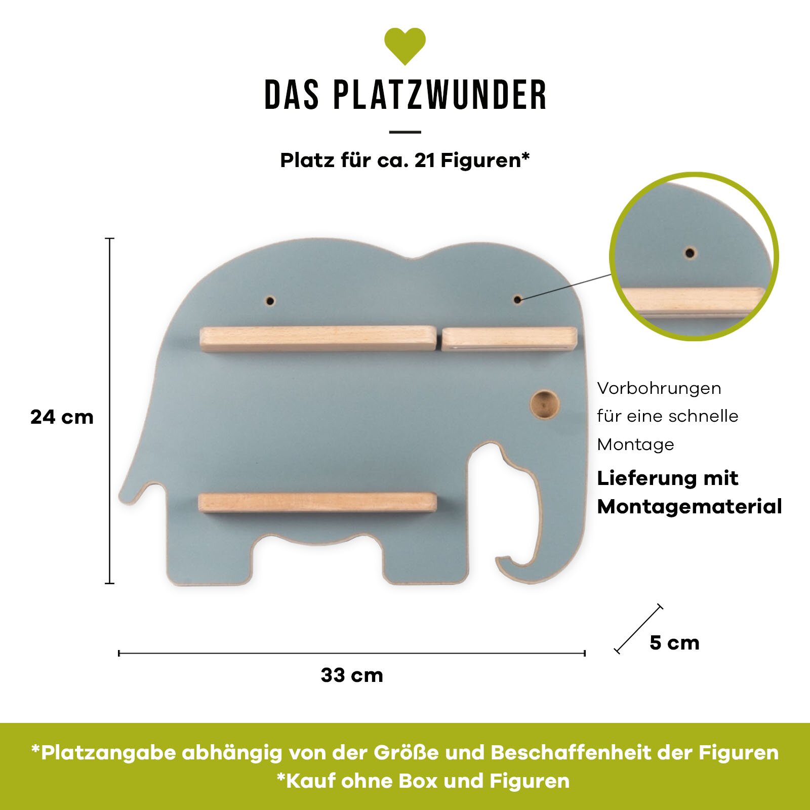 Elefantenförmiges Wandregal in Hellblau mit drei Holzleisten, ca. 33 x 24 cm und 5 cm Tiefe, mit Vorbohrungen und Montagematerial, Frontansicht auf weißem Hintergrund