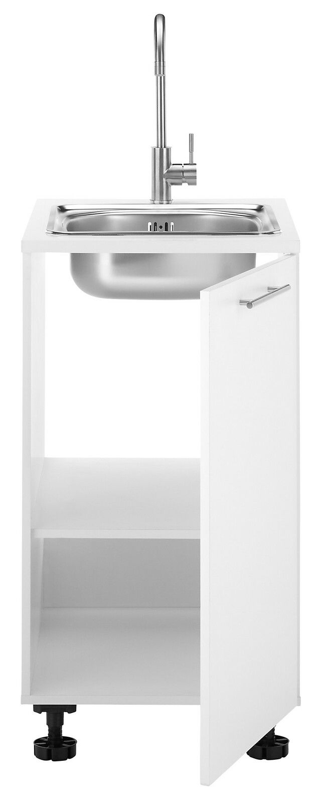 Weißer Spülenunterschrank mit Edelstahlspüle und offenem Schrank, Frontansicht