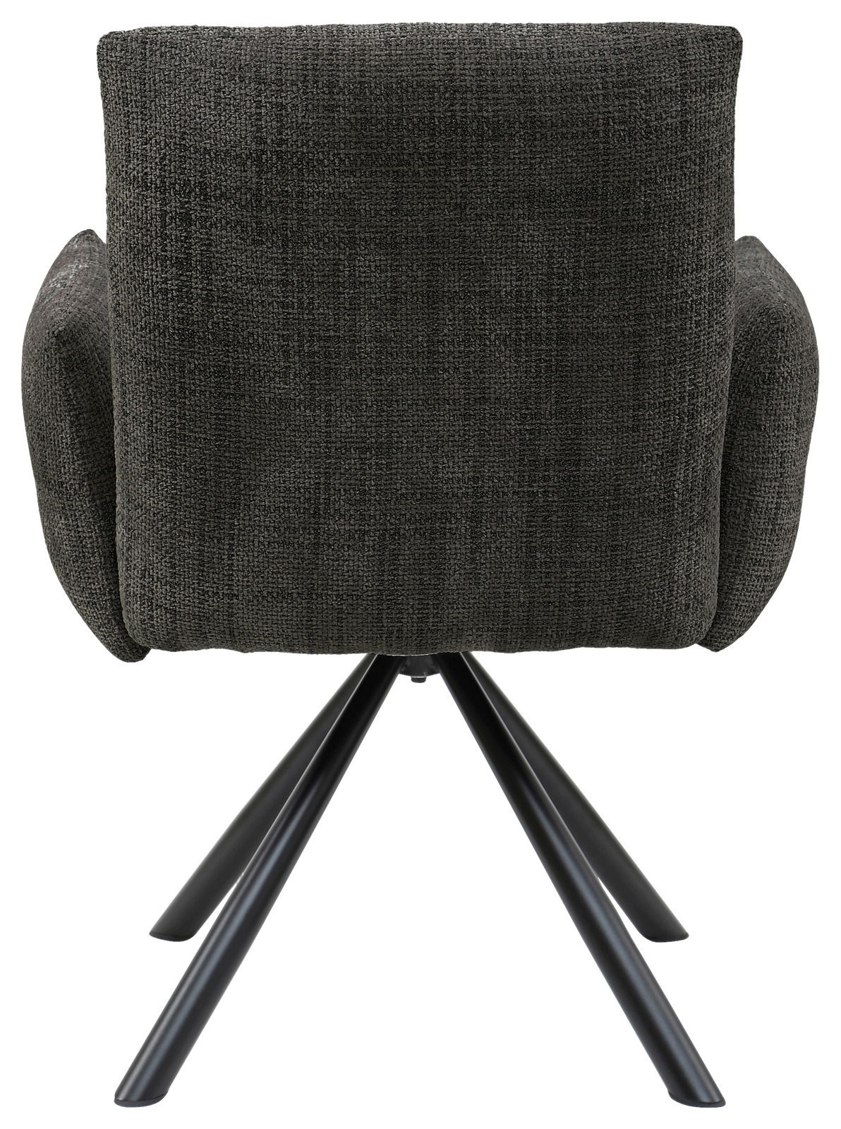 Hom´in Armlehnstuhl JEREMIE Rückansicht eines Armlehnstuhls mit dunklem Stoffbezug und schwarzen Metallbeinen.