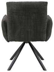 Rückansicht eines Armlehnstuhls mit dunklem Stoffbezug und schwarzen Metallbeinen.