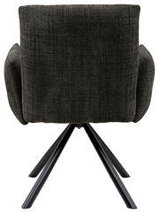 Rückansicht eines Armlehnstuhls mit dunklem Stoffbezug und schwarzen Metallbeinen.