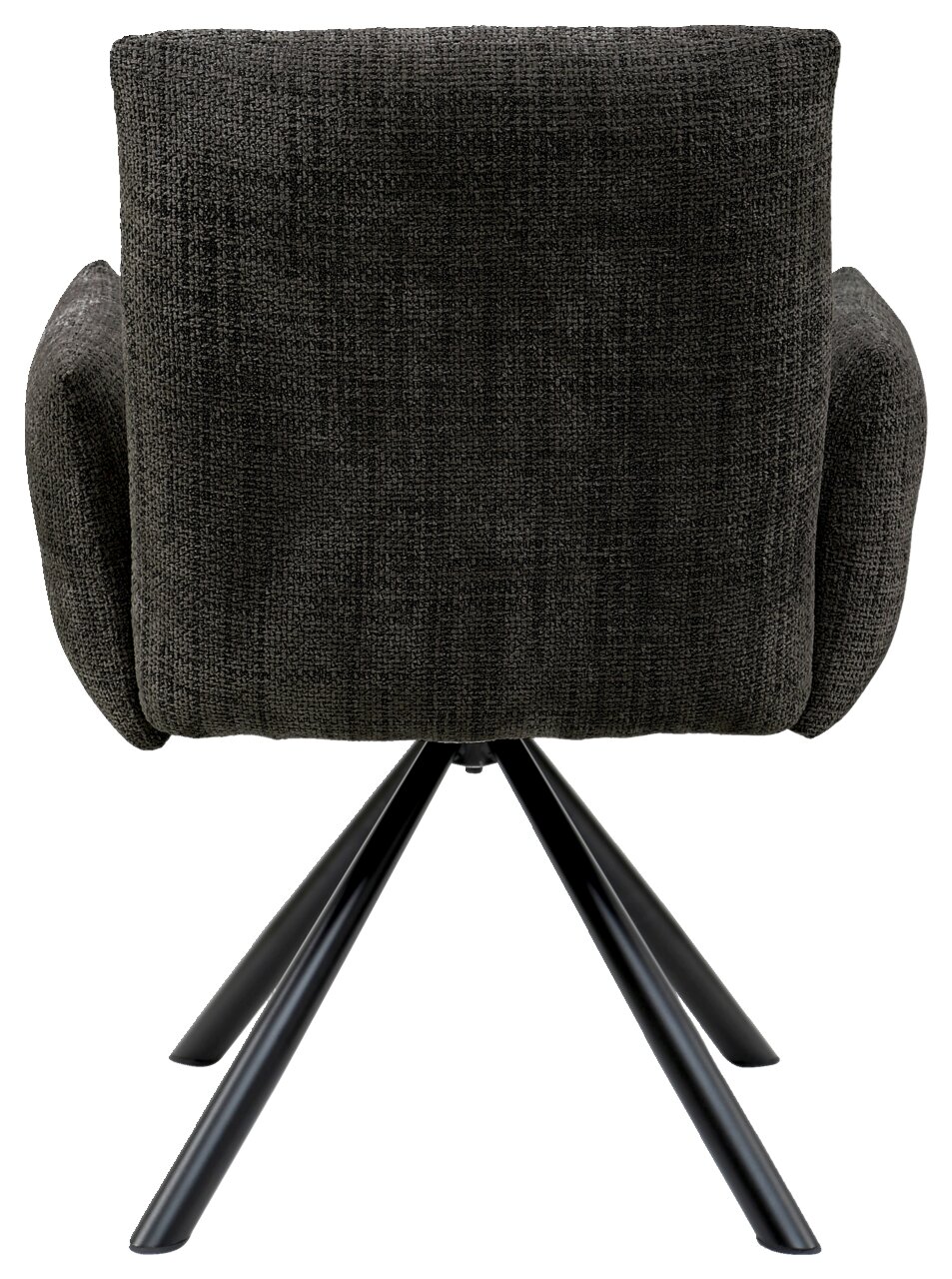 Achterkant van een fauteuil met donkere stoffen bekleding en zwarte metalen poten.