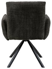 Achterkant van een fauteuil met donkere stoffen bekleding en zwarte metalen poten.