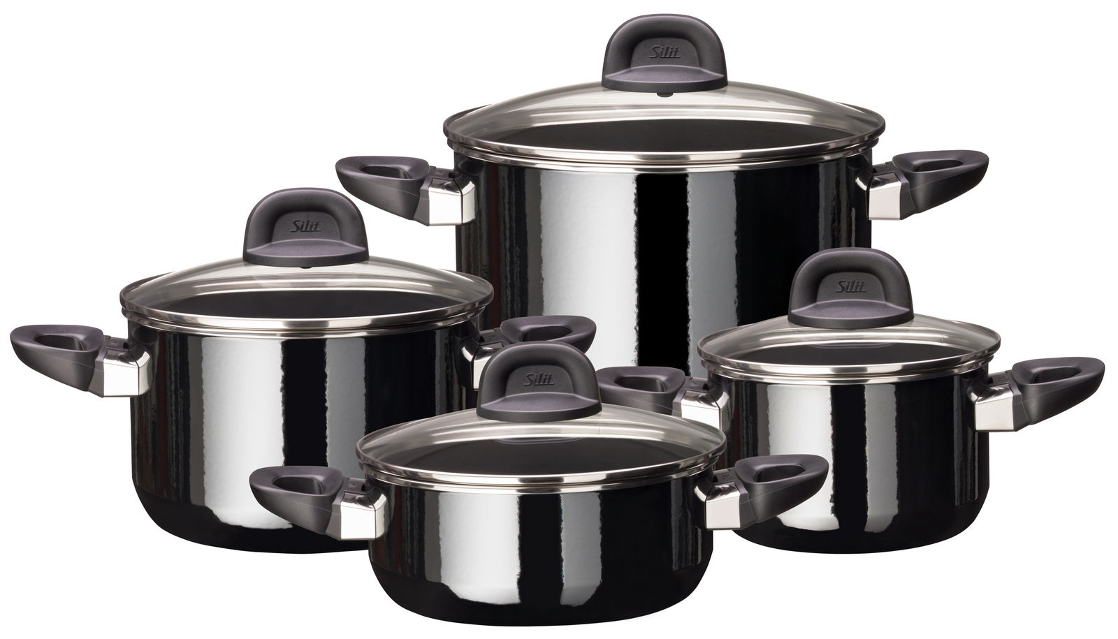 Vierteiliger Topfset Modesto Line aus Edelstahl mit Glasdeckeln, seitliche Perspektive.