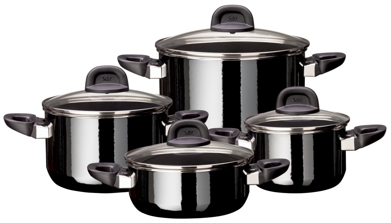 Silit Topfset 4-tlg. MODESTO Vierteiliger Topfset Modesto Line aus Edelstahl mit Glasdeckeln, seitliche Perspektive.