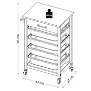 Küchenwagen mit vier Schubladen, auf Rollen, Maße 85 cm hoch, 47 cm breit, 37 cm tief, Belastbarkeit 40 kg, perspektivische Ansicht von vorne.