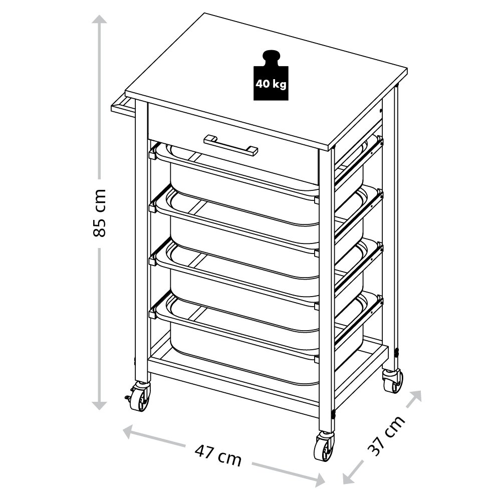 Küchenwagen mit vier Schubladen, auf Rollen, Maße 85 cm hoch, 47 cm breit, 37 cm tief, Belastbarkeit 40 kg, perspektivische Ansicht von vorne.