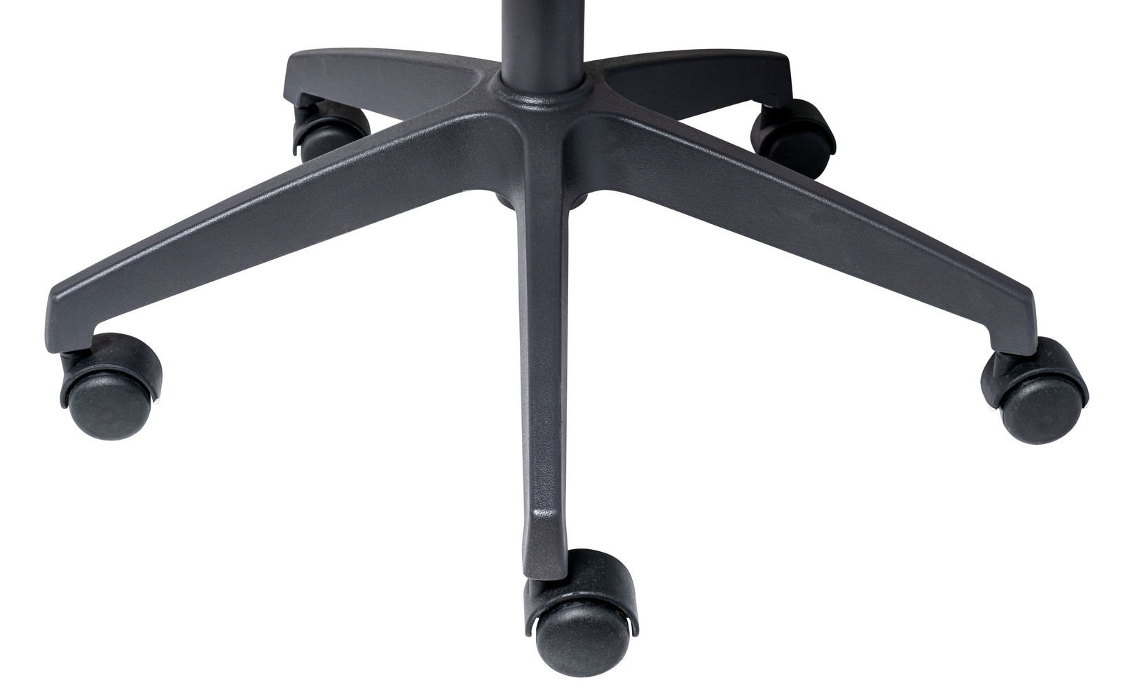 Nahaufnahme der Basis eines Drehstuhls mit fünf Rollen, von oben betrachtet.