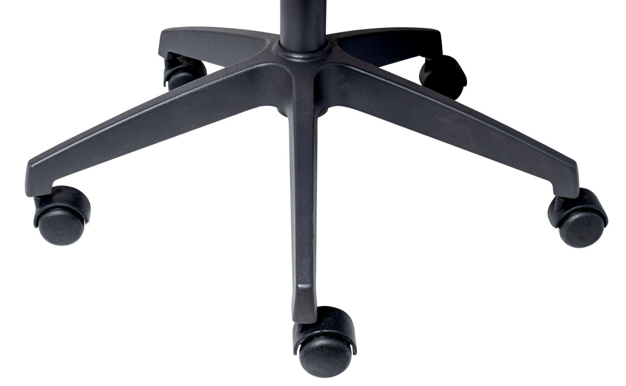 Nahaufnahme der Basis eines Drehstuhls mit fünf Rollen, von oben betrachtet.