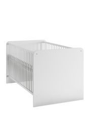 Weißes Babybett aus Holz, seitliche Perspektive