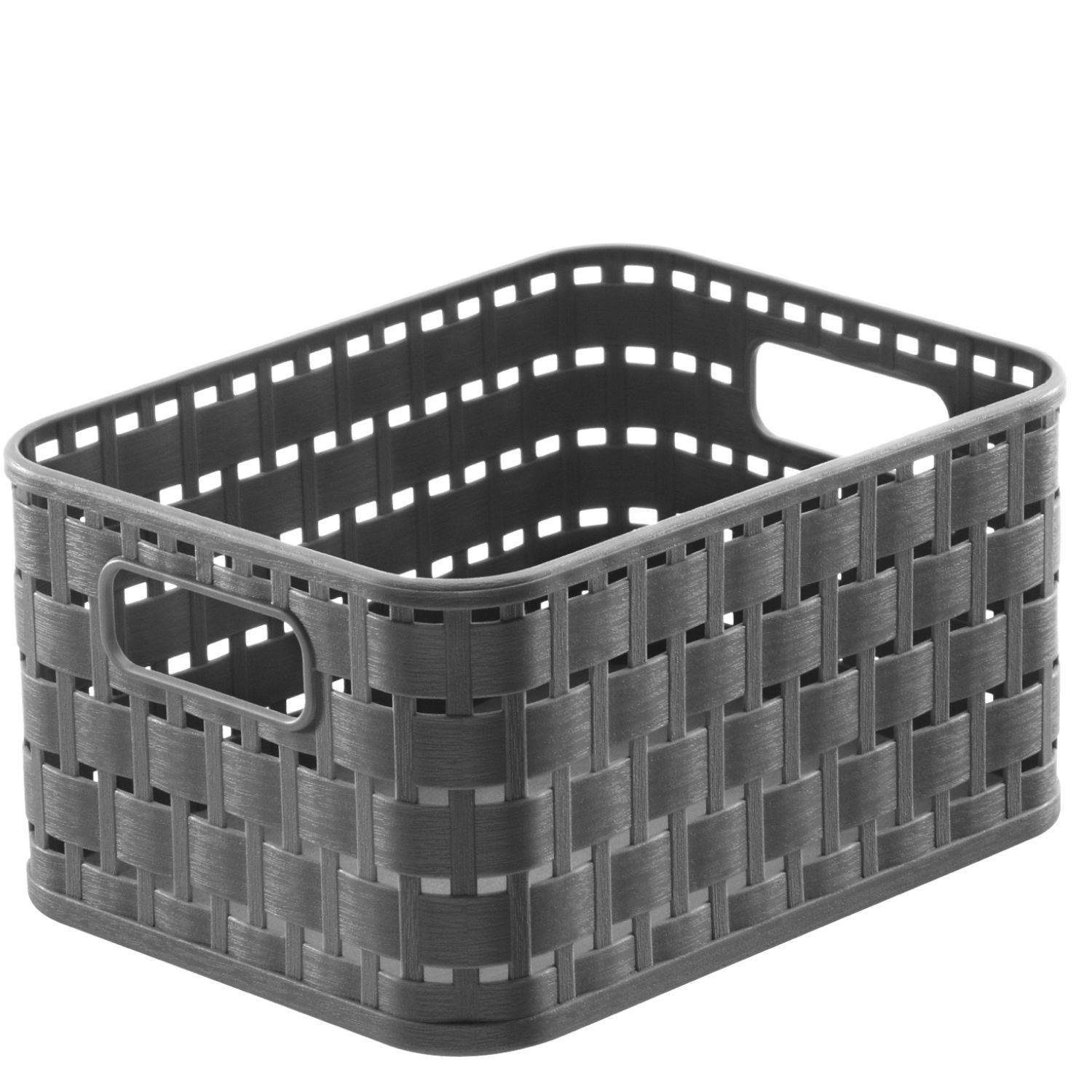 Rechteckiger, grauer Kunststoffkorb mit Flechtmuster und seitlichen Griffen, perspektivisch von schräg oben fotografiert.