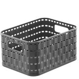 Rechteckiger, grauer Kunststoffkorb mit Flechtmuster und seitlichen Griffen, perspektivisch von schräg oben fotografiert.