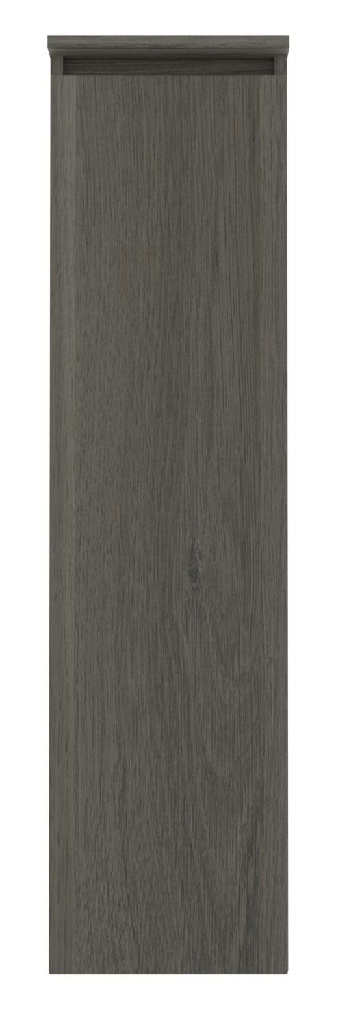 Frontansicht eines dunkelgrauen Mittelschranks mit Holzmaserung