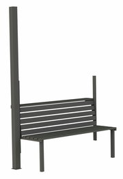 Moderne Gartenbank aus Metall mit vertikalen und horizontalen Streben, seitliche Perspektive.