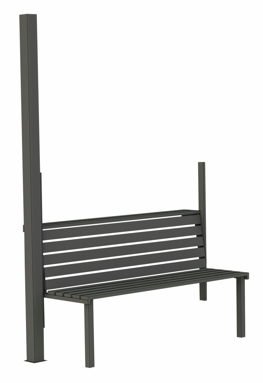 Moderne Gartenbank aus Metall mit vertikalen und horizontalen Streben, seitliche Perspektive.