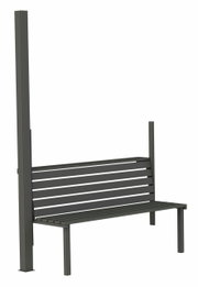 Moderne Gartenbank aus Metall mit vertikalen und horizontalen Streben, seitliche Perspektive.