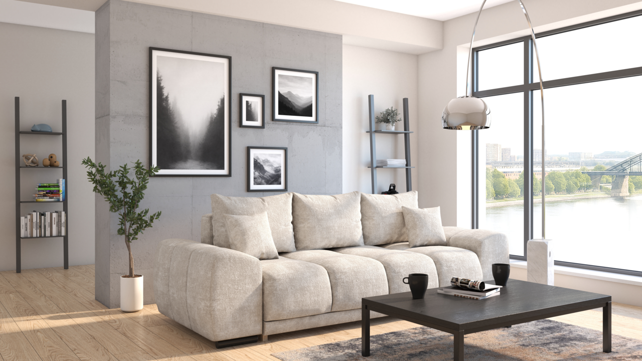 Modernes Funktionssofa in einem hellen Wohnzimmer mit großen Fenstern, von vorne betrachtet.