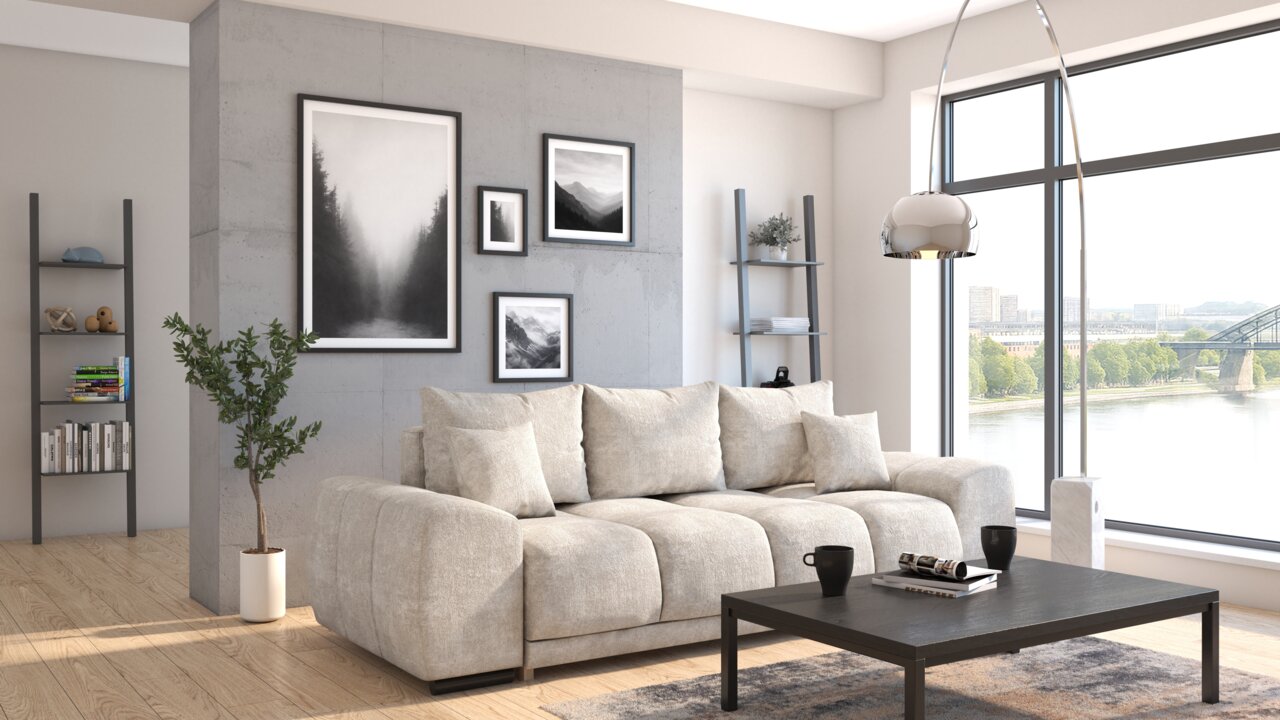 Modernes Funktionssofa in einem hellen Wohnzimmer mit großen Fenstern, von vorne betrachtet.