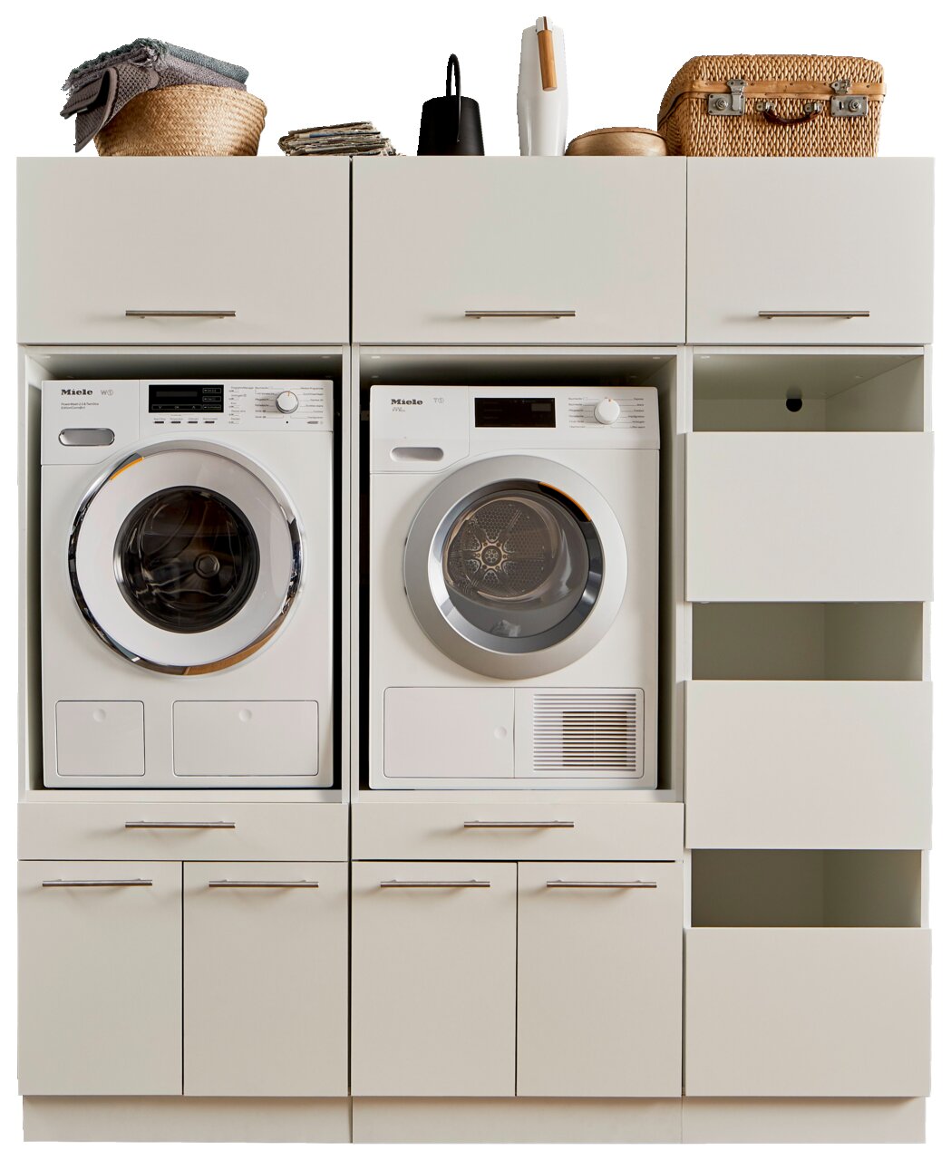 XORA Hauswirtschaftsraum-Kombi PRIMUS Frontale Ansicht einer Hauswirtschaftsraum-Kombination mit Waschmaschine und Trockner, umgeben von Schränken und Regalen für zusätzlichen Stauraum.