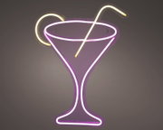 LED Neonlicht in Form eines Cocktailglases mit Strohhalm und Zitronenscheibe, seitliche Perspektive