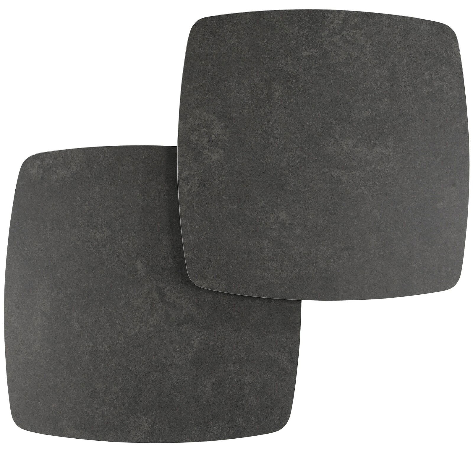 Zwei überlappende, quadratische, dunkelgraue Tischplatten aus der Vogelperspektive.