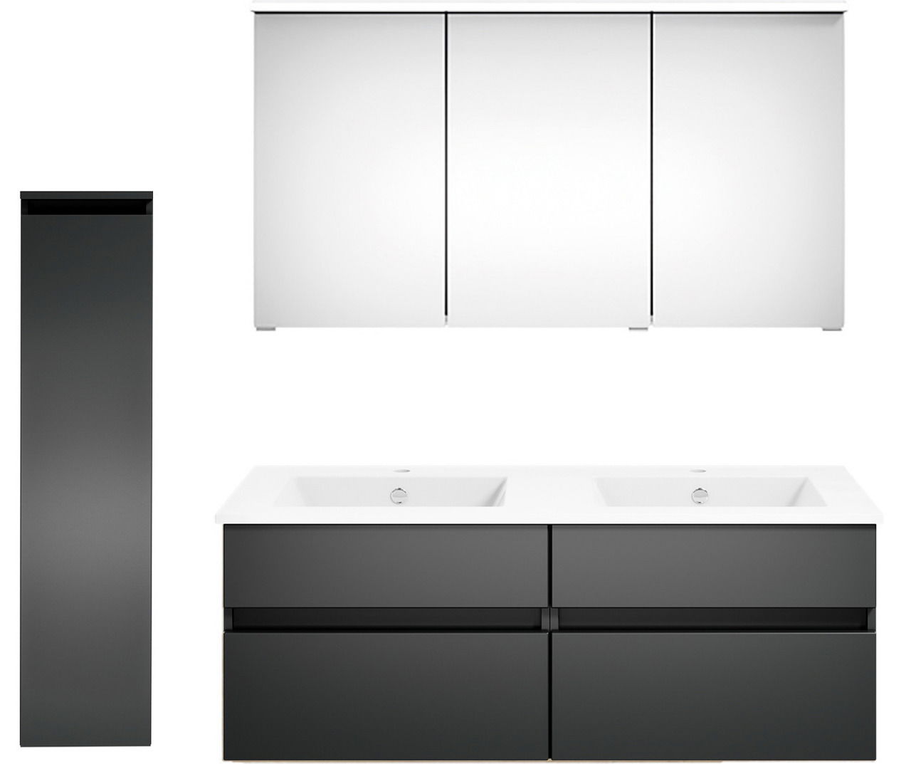 Moderne Badkombination mit Doppelwaschbecken, Spiegelschrank und hohem Seitenschrank, Frontalansicht