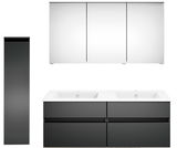 Moderne Badkombination mit Doppelwaschbecken, Spiegelschrank und hohem Seitenschrank, Frontalansicht