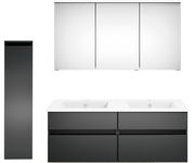 Moderne Badkombination mit Doppelwaschbecken, Spiegelschrank und hohem Seitenschrank, Frontalansicht