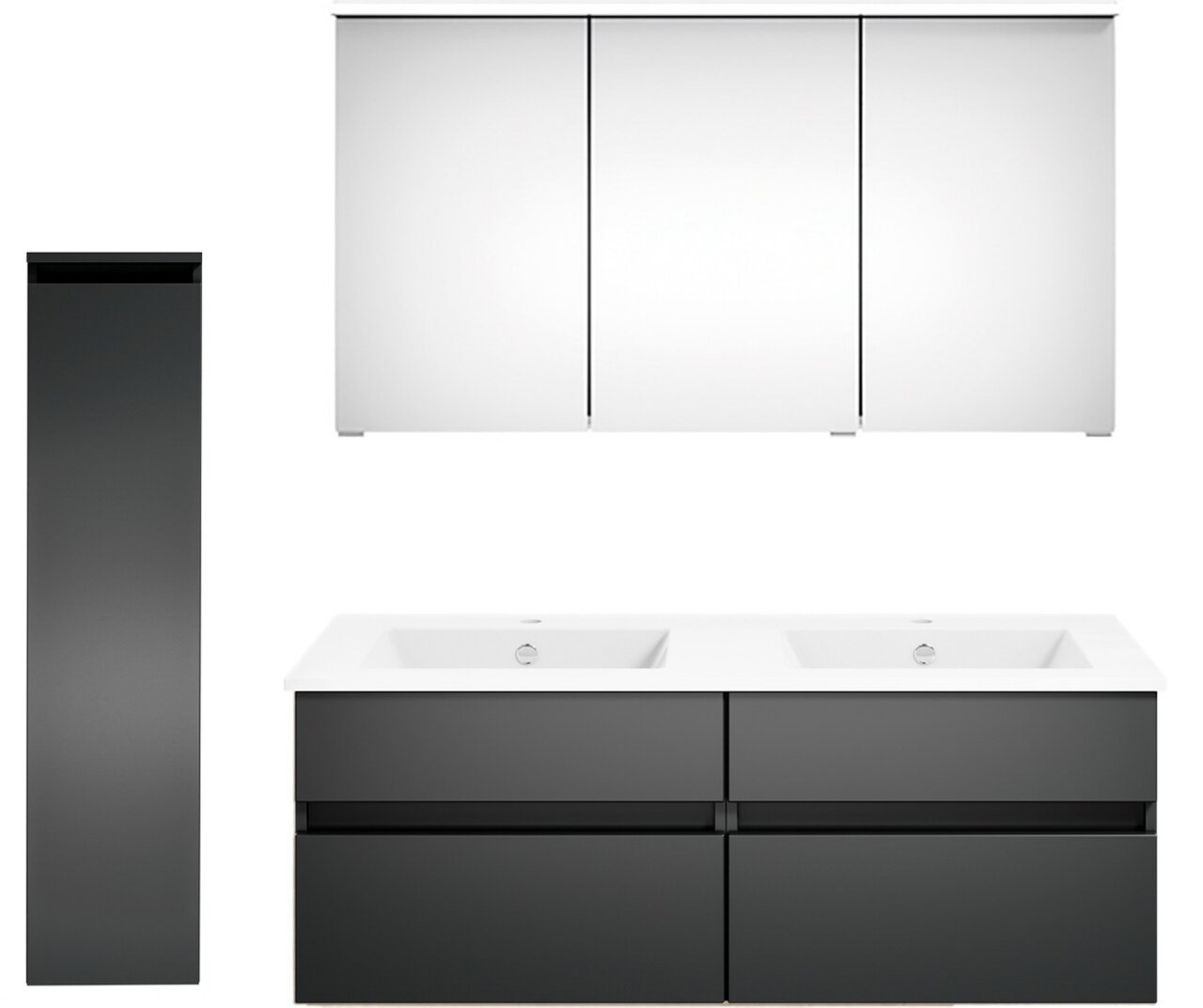 Moderne Badkombination mit Doppelwaschbecken, Spiegelschrank und hohem Seitenschrank, Frontalansicht