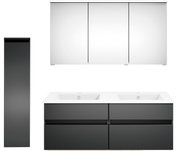 Moderne Badkombination mit Doppelwaschbecken, Spiegelschrank und hohem Seitenschrank, Frontalansicht