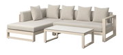 L-förmiges Lounge-Set mit beigen Kissen und einem passenden Couchtisch, seitliche Perspektive