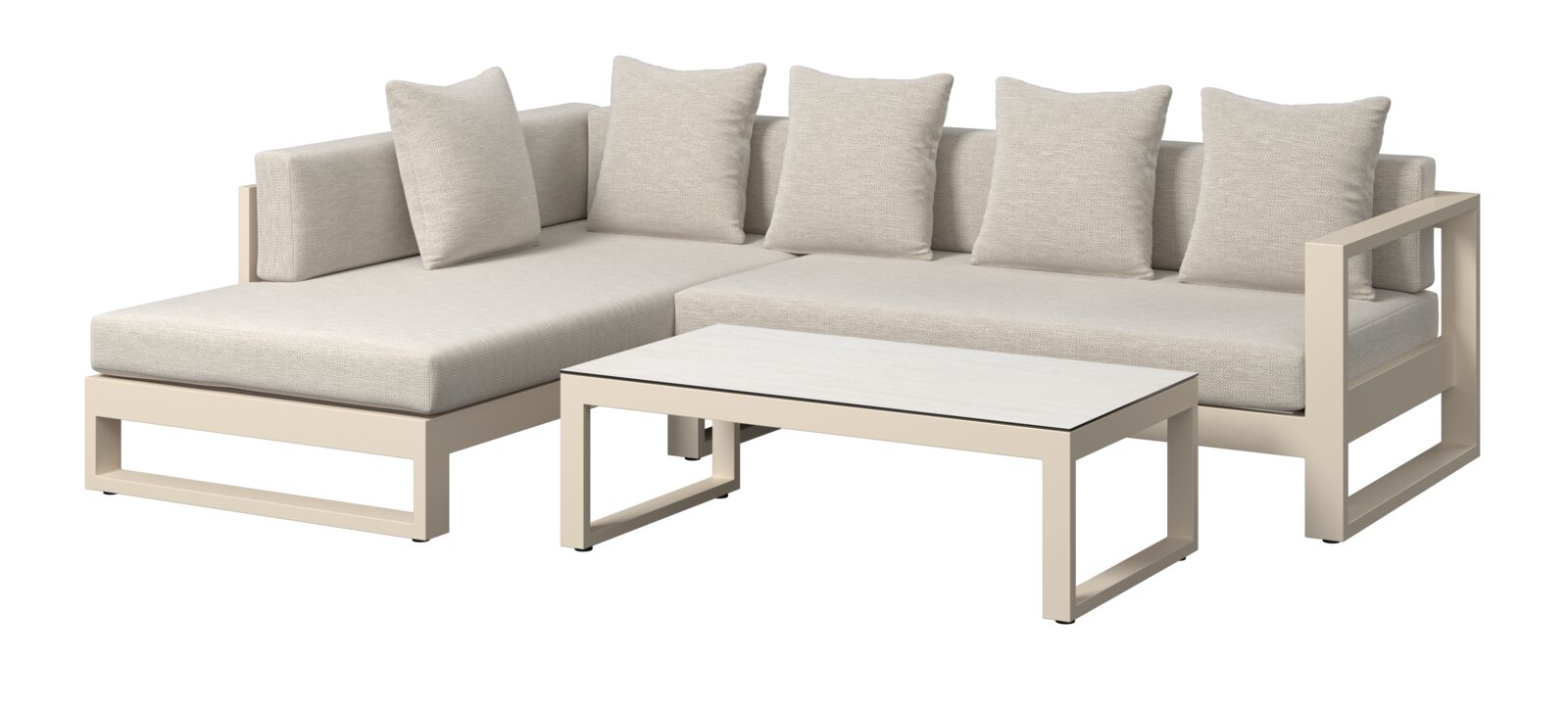 L-förmiges Lounge-Set mit beigen Kissen und einem passenden Couchtisch, seitliche Perspektive